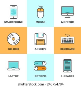 Line icons set with flat design elements of various technology devices and objects using for entering, reading and saving information. Modern vector pictogram collection concept. 