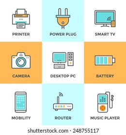 Line icons set with flat design elements of consumer electronics and computer technology devices, power plug and energy battery. Modern vector pictogram collection concept.