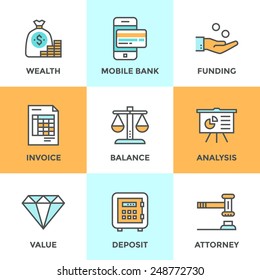 Line icons set with flat design elements of financial investment for development business project, mobile banking and accounting tools, safe deposit service. Modern vector pictogram collection concept