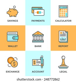 Line icons set with flat design elements of finance objects and banking services, financial items and money symbol, bank building and currency exchange. Modern vector pictogram collection concept.