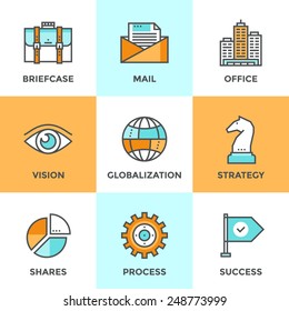 Line icons set with flat design elements of business effective solution, success tactics and strategy decision, globalization and internet communication. Modern vector pictogram collection concept. 