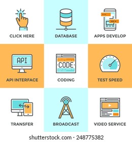 Line icons set with flat design of app develop with API interface, website coding and testing, big data and database networking, mobile transfer technology. Modern vector pictogram collection concept.