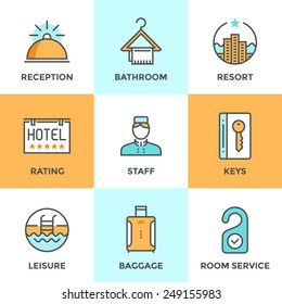 Line icons set with flat design elements of hotel services and luxury resort accommodation, reception bell, room keys, leisure activity, tourist baggage. Modern vector pictogram collection concept.