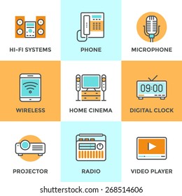 Line icons set with flat design elements of audio and video multimedia devices, electronics equipment, hi-fi music system, home cinema, digital clock. Modern vector logo pictogram collection concept.