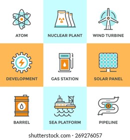 Line Icons Set With Flat Design Elements Of Global Energy Development, Nuclear Power Plant, Wind Turbine, Oil Barrel, Solar Panel, Pipeline Transport. Modern Vector Logo Pictogram Collection Concept.