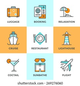 Line Icons Set With Flat Design Elements Of Air Flight Travel, Resort Vacation, Cruise Ship, Luxury Relaxation, Booking Hotel, Tourist Luggage. Modern Vector Logo Pictogram Collection Concept.