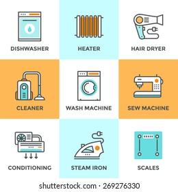 Line icons set with flat design elements of household goods, home appliance, cleaner and dishwasher machine, air conditioning, electronic scales. Modern vector logo pictogram collection concept.