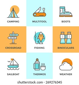 Line icons set with flat design elements of recreation camping activity, directional sign crossroad, hiking and fishing, tent camp, outdoor activities. Modern vector logo pictogram collection concept.