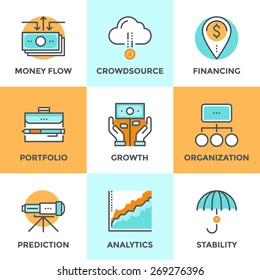 Line icons set with flat design of money growth, financial planning, investment portfolio, crowdsource funding, market data analytics, business vision. Modern vector logo pictogram collection concept.