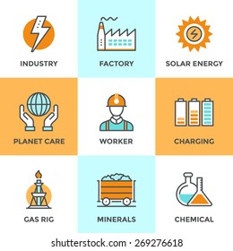 Line icons set with flat design elements of electric industry, factory production, mining minerals, solar energy, chemical analysis, planet care. Modern vector logo pictogram collection concept.