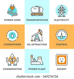 Iconos de línea establecidos con elementos de diseño plano de planta de energía, energía hidroeléctrica, extracción y transporte de petróleo, torre de electricidad, conservación de la ecología. Concepto moderno de colección de pictogramas con logotipo vectorial.