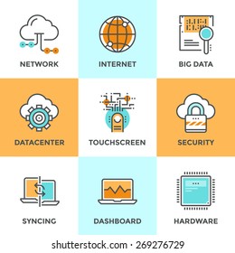 Line icons set with flat design elements of cloud computing network, big data analysis, internet security, syncing computer, datacenter connection. Modern vector logo pictogram collection concept.