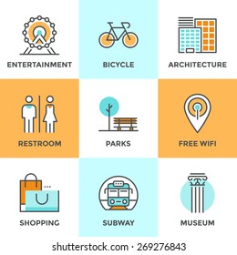 Iconos de línea con elementos de diseño plano de la arquitectura de la ciudad, entretenimiento emblemático, lugar para descansar, parque con zona Wi-Fi gratuita, baño de personas. Concepto moderno de colección de pictogramas con logotipo vectorial.
