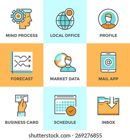 Line icons set with flat design elements of business workflow, people mind process, market data forecast, local office pin mark, work schedule graphic. Modern vector logo pictogram collection concept.