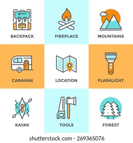 Line icons set with flat design elements of outdoor adventure, tourist trip, hiking equipment, mountain climbing, forest and terrain map, river rafting. Modern vector logo pictogram collection concept