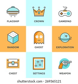 Line Icons Set With Flat Design Elements Of Video Game, Computer Gaming, Gamepad Console, Play Shooter Videogame, Indie Entertainment Development. Modern Vector Logo Pictogram Collection Concept.