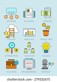 Line icons set with flat design elements of business, success, strategy, work process and other materials