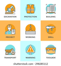 Line Icons Set With Flat Design Elements Of Construction Site, Crane Working, Building Home Architecture, Worker Toolbox, Builder With Production Plan. Modern Vector Pictogram Collection Concept.