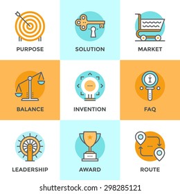 Line icons set with flat design elements of various business symbol, marketing metaphor, key to success solution, route destination pathway, FAQ information. Modern vector pictogram collection concept