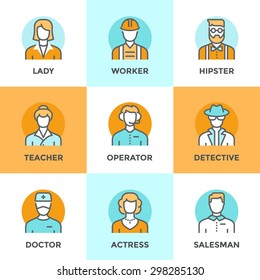 Line icons set with flat design elements of various business people profession, professional human occupation, basic characters career, stylish avatars. Modern vector pictogram collection concept.