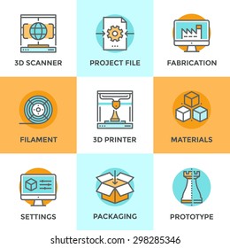 Line icons set with flat design elements of 3D printing technology, modeling and scanning objects for build new models, filament and materials for crafting. Modern vector pictogram collection concept.