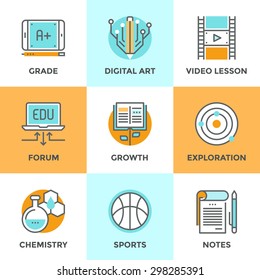 Line icons set with flat design elements of skill growth with reading book, learning information in video lesson, A+ grade on digital tablet, text notebook. Modern vector pictogram collection concept.