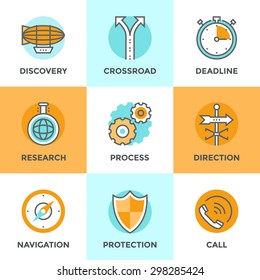 Ícones de linha definidos com elementos de design plano de várias metáfora de negócios, processo de engrenagem da roda dentada, bússola de navegação, resposta de chamada, descoberta novo horizonte e etc. conceito de coleção pictograma vetorial moderno