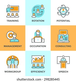 Line icons set with flat design elements of corporate management, business people training, online professional consulting service, efficiency of team skill. Modern vector pictogram collection concept