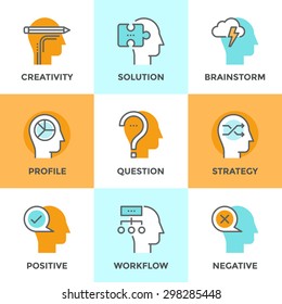 Line icons set with flat design element of human positive and negative emotions, brain creativity workflow, jigsaw puzzle solution, mind power and strategy. Modern vector pictogram collection concept.