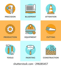 Line icons set with flat design elements of engineering construction equipment, building architecture structure, working tools for repair and renovation. Modern vector pictogram collection concept.