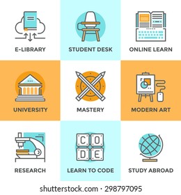 Iconos de línea con elementos de diseño plano de la habilidad de aprendizaje, dominio de la educación, construcción universitaria, aprender a codificar, salón de clase con escritorio de estudiante, estudiar en el extranjero. Concepto moderno de colección de pictogramas vectoriales