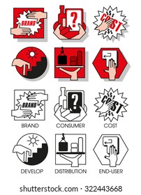 Line icons set with flat design elements of marketing and distribution of goods and products. Modern vector pictogram collection concept. Set 01