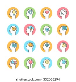 Line icons set with flat design, elements of human mind process, people thinking, brain, mental health. 