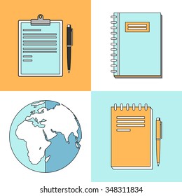 Line icons set with flat design elements of e-learning books for education, basic and elementary study, and globe.