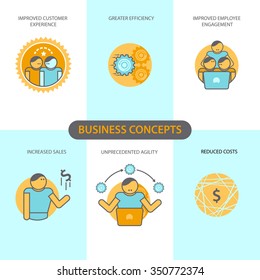 Line Icons Set With Flat Design Elements Of Business Concepts, Improved Customer Experience, Greater Efficiency, Improved Employee Engagement, Increased Sales, Unprecedented Agility, Reduced Costs. 