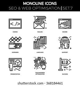 Line icons set with flat design of search engine optimization. Coding, mailing, income, expenses, language, support, presentation, touchscreen optimization, succes. Monoline icons.