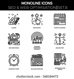 Line icons set with flat design of seo. Colors, reputation, events calendar, seo monitoring, internet marketing strategy, anchor text, campaign timing, blogging services, responsive web design.