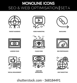 Line icons set with flat design of search engine optimization. Target audience, video marketing, backlinks, landing page, clean code, perfomance, social engagement, cost per impression. Monoline icons