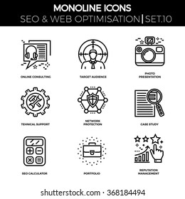 Line Icons Set With Flat Design Of Seo. Online Consulting, Target Audience, Photo Presentation, Support, Network Protection, Case Study, Seo Calculator, Portfolio, Reputation Management. Monoline Icon