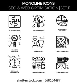 Line icons set with flat design of seo. Global solution, creative service, e-commerce, keyword research, link building, target keywords, download information, mobile marketing, e-mail marketing