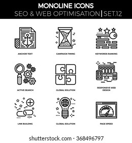 Line icons set with flat design of search engine optimization. Anchor text, campaign timing, keywords ranking, active search, global solution, responsive web design, link building, page speed. 