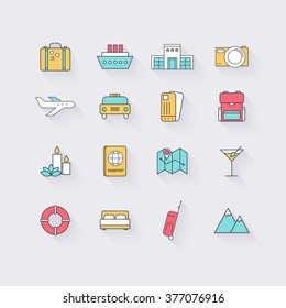 Iconos de línea establecidos en diseño plano. Elementos de vacaciones, viajes, servicios hoteleros, transporte y Locación. Ilustración vectorial lineal infográfica moderna.