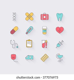 Line icons set in flat design. Elements of medicine, health, hospital, immune system analysis, genetics, diagnostic equipment, medical tools. Modern infographic linear vector illustration.