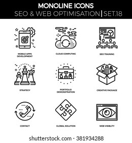Line icons set with flat design of seo. Mobile apps development, cloud computing, seo training, strategy, portfolio demonstration, creative package, contact, global solution, web visibility. 