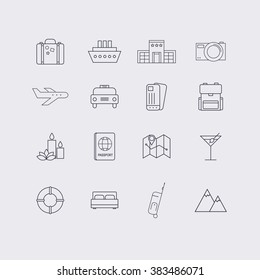 Line icons set in flat design. Elements of Vacation, Travel, Hotel services, Transport and Location. Modern infographic linear vector illustration.