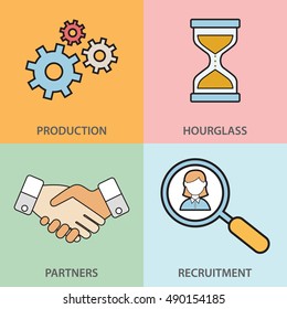Line icons set with flat design elements of business people communication, professional support, partnership agreement, solving management problems. Modern vector pictogram collection concept.