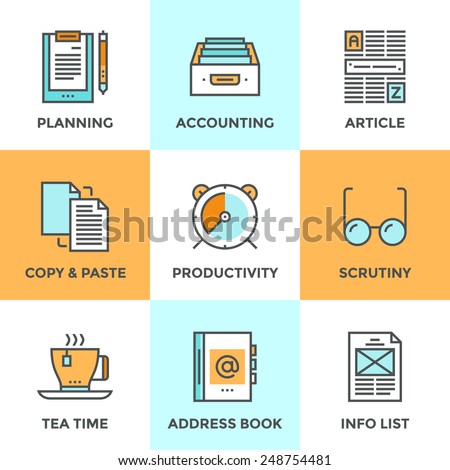 Line icons set with flat design elements of office accounting and clerk working routine,  business planning, paperwork routine, personal time management. Modern vector pictogram collection concept. 