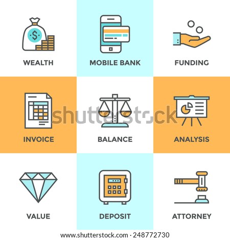 Line icons set with flat design elements of financial investment for development business project, mobile banking and accounting tools, safe deposit service. Modern vector pictogram collection concept