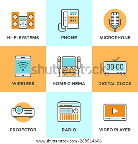 Line icons set with flat design elements of audio and video multimedia devices, electronics equipment, hi-fi music system, home cinema, digital clock. Modern vector logo pictogram collection concept.