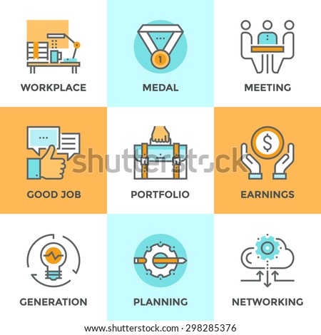 Line icons set with flat design elements of business people lifestyle routine, various office daily task, manager job planning and employee work activity. Modern vector pictogram collection concept.